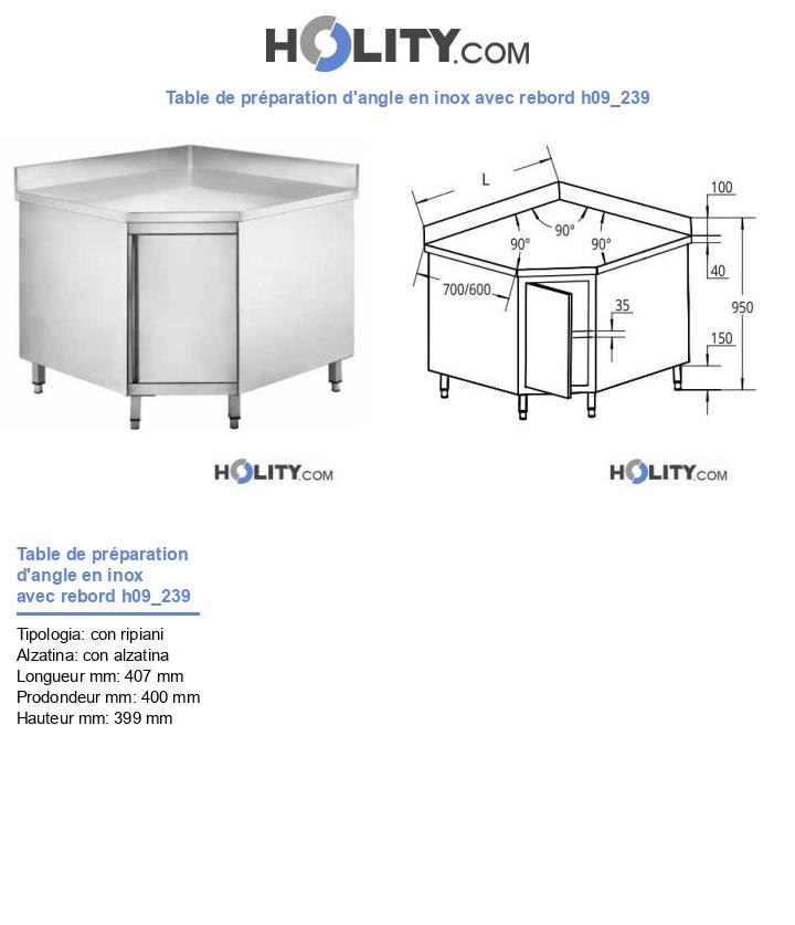 Table de préparation d'angle en inox avec rebord h09_239