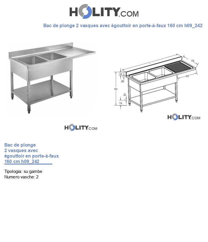 Bac de plonge 2 vasques avec égouttoir en porte-à-faux 160 cm h09_242