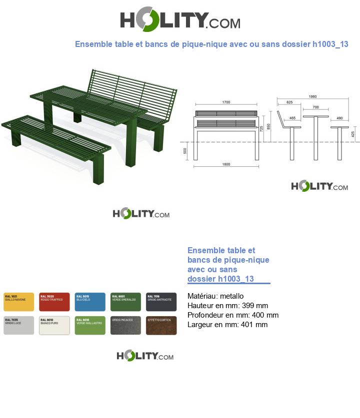 Ensemble table et bancs de pique-nique avec ou sans dossier h1003_13