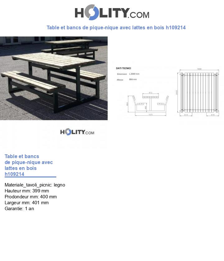 Table et bancs de pique-nique avec lattes en bois h109214