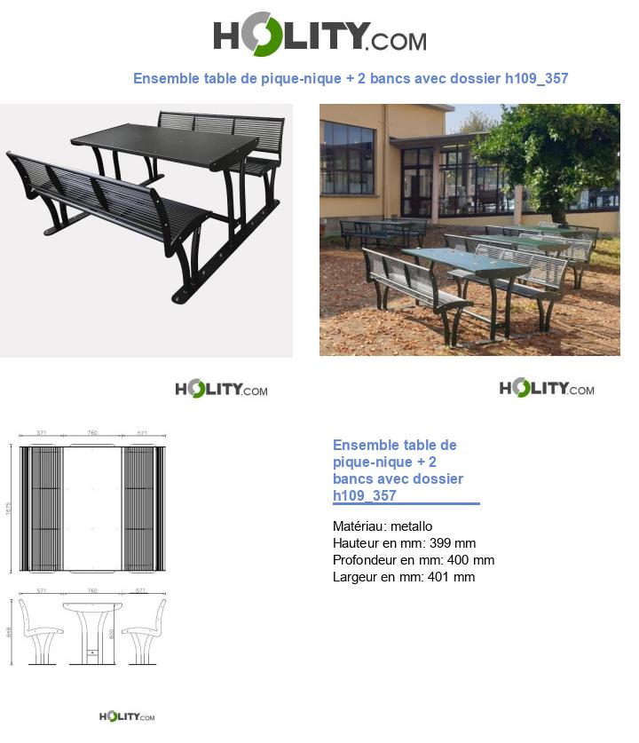 Ensemble table de pique-nique + 2 bancs avec dossier h109_357