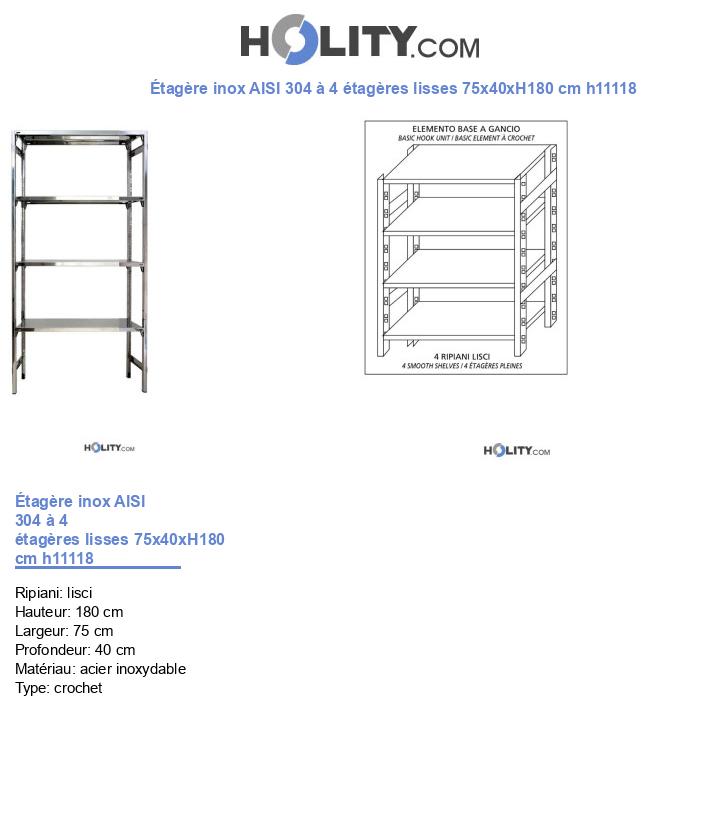Étagère inox AISI 304 à 4 étagères lisses 75x40xH180 cm h11118