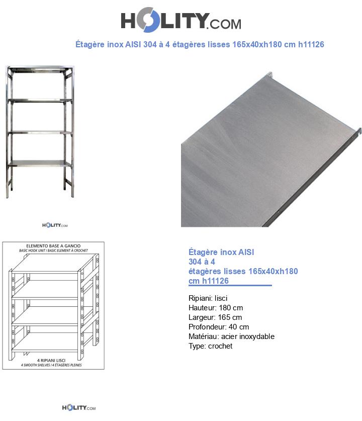 Étagère inox AISI 304 à 4 étagères lisses 165x40xh180 cm h11126