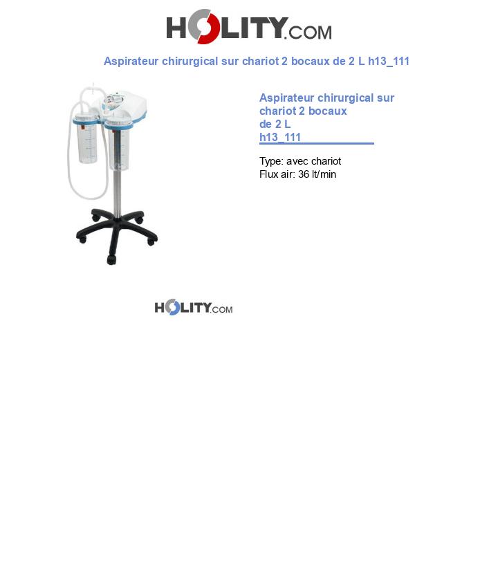 Aspirateur chirurgical sur chariot 2 bocaux de 2 L h13_111