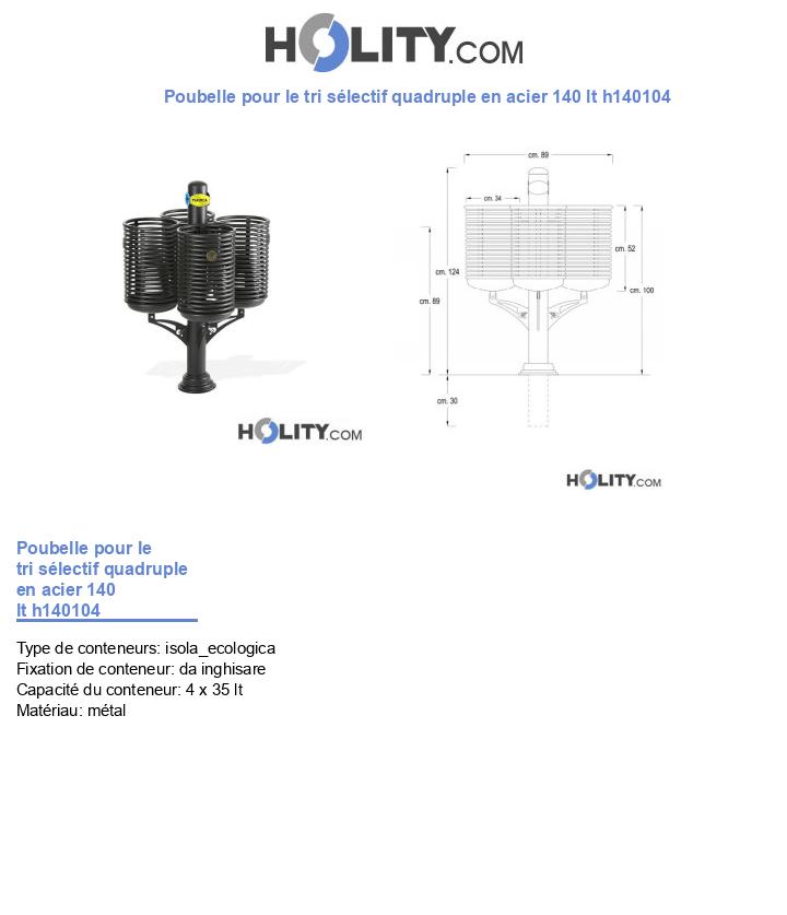 Poubelle pour le tri sélectif quadruple en acier 140 lt h140104