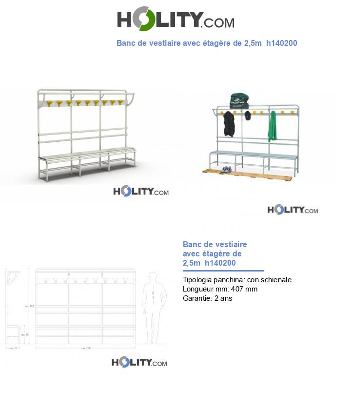 Banc de vestiaire avec étagère de 2,5m  h140200