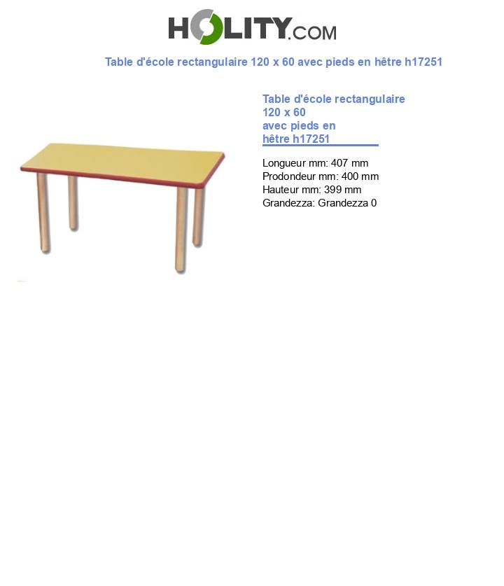 Table d'école rectangulaire 120 x 60 avec pieds en hêtre h17251