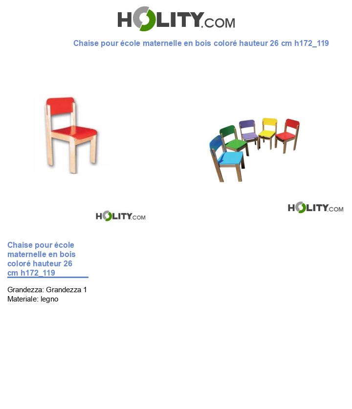 Chaise pour école maternelle en bois coloré hauteur 26 cm h172_119