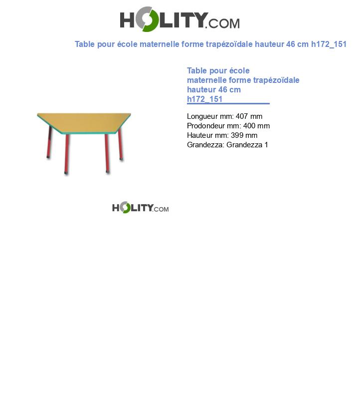 Table pour école maternelle forme trapézoïdale hauteur 46 cm h172_151