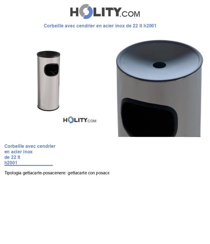 Corbeille avec cendrier en acier inox de 22 lt h2001