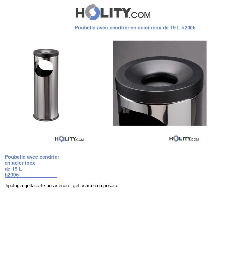 Poubelle avec cendrier en acier inox de 19 L h2005