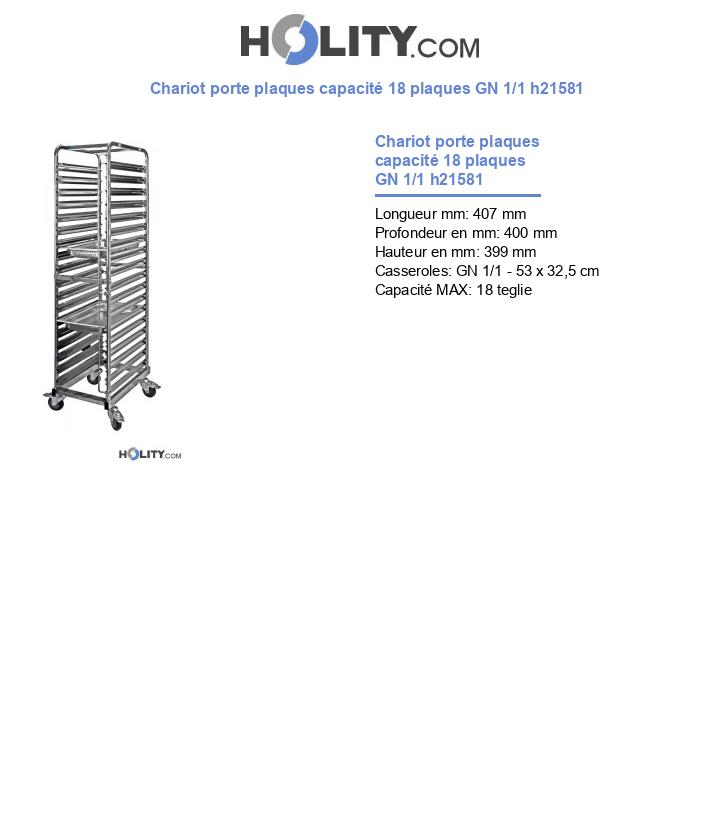 Chariot porte plaques capacité 18 plaques GN 1/1 h21581