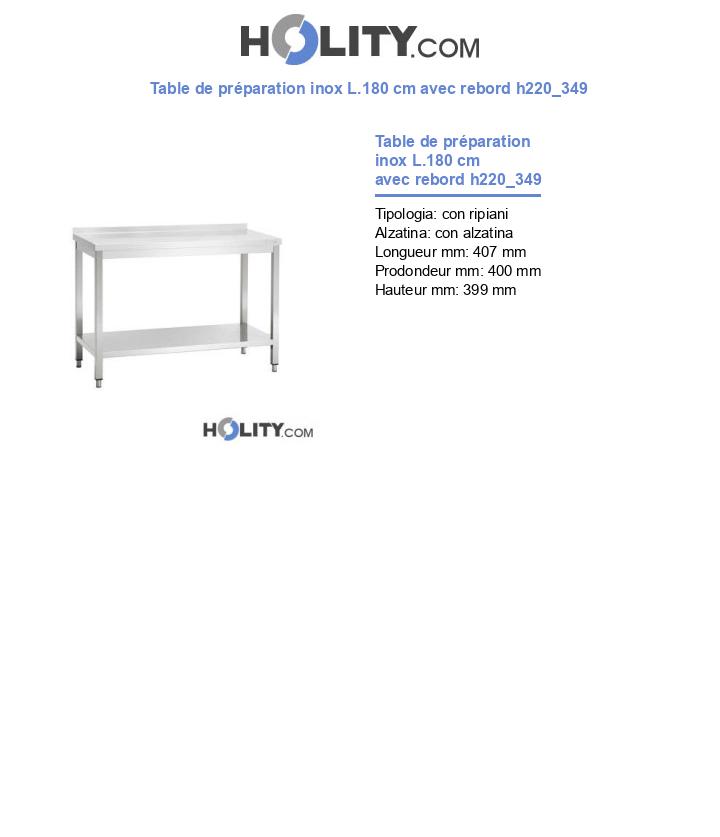 Table de préparation inox L.180 cm avec rebord h220_349