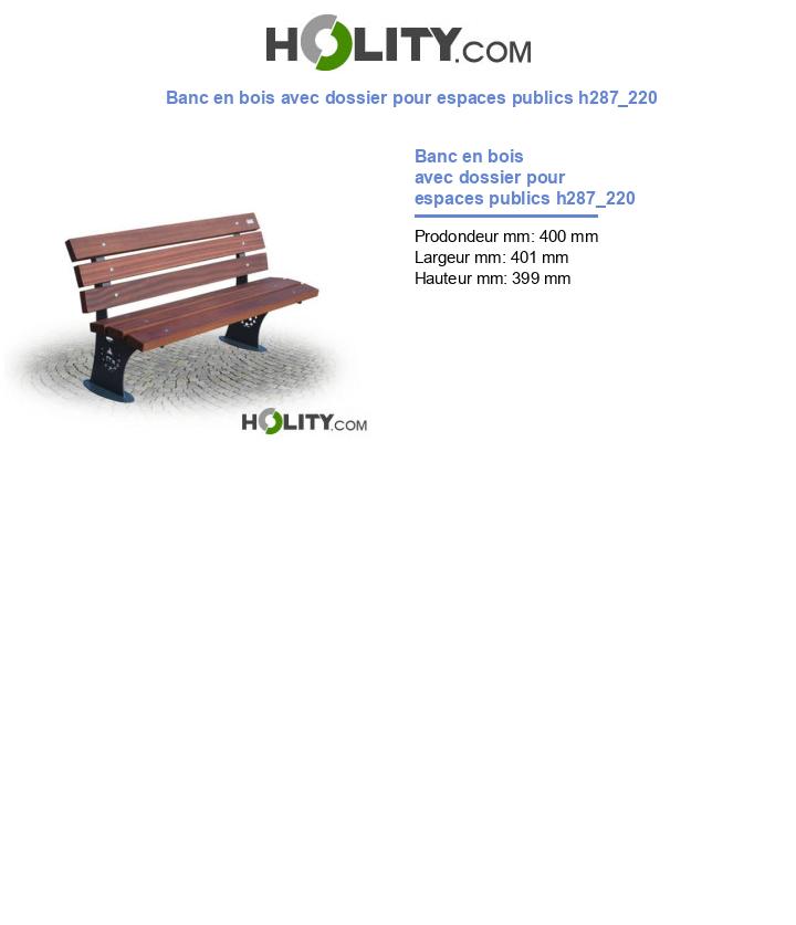 Banc en bois avec dossier pour espaces publics h287_220