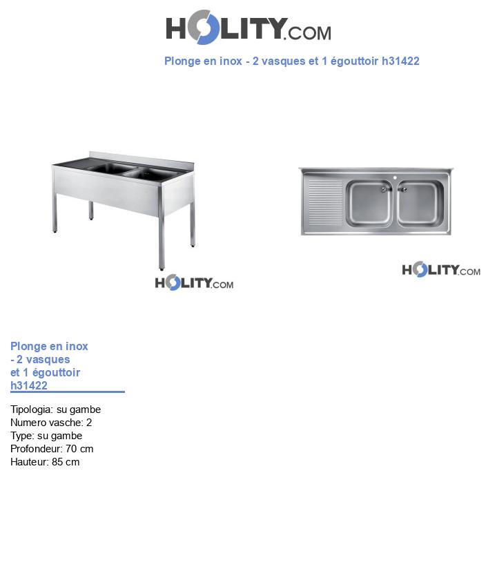 Plonge en inox - 2 vasques et 1 égouttoir h31422