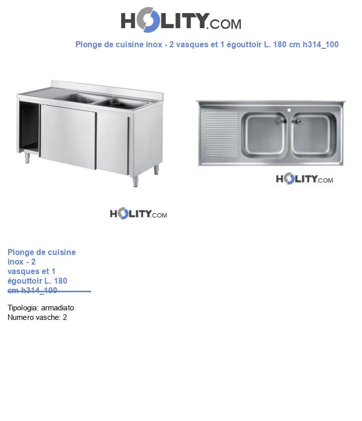 Plonge de cuisine inox - 2 vasques et 1 égouttoir L. 180 cm h314_100