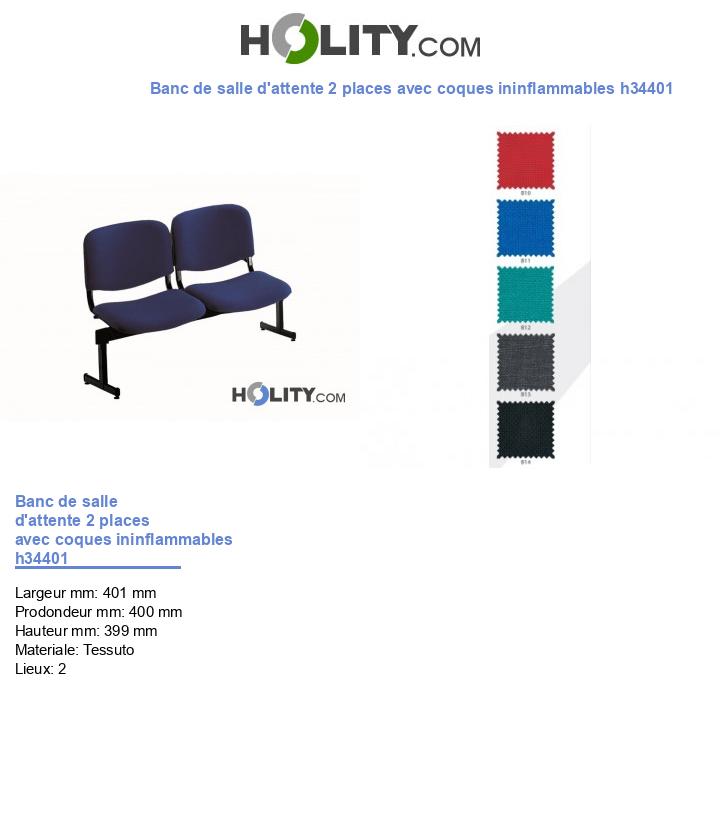 Banc de salle d'attente 2 places avec coques ininflammables h34401