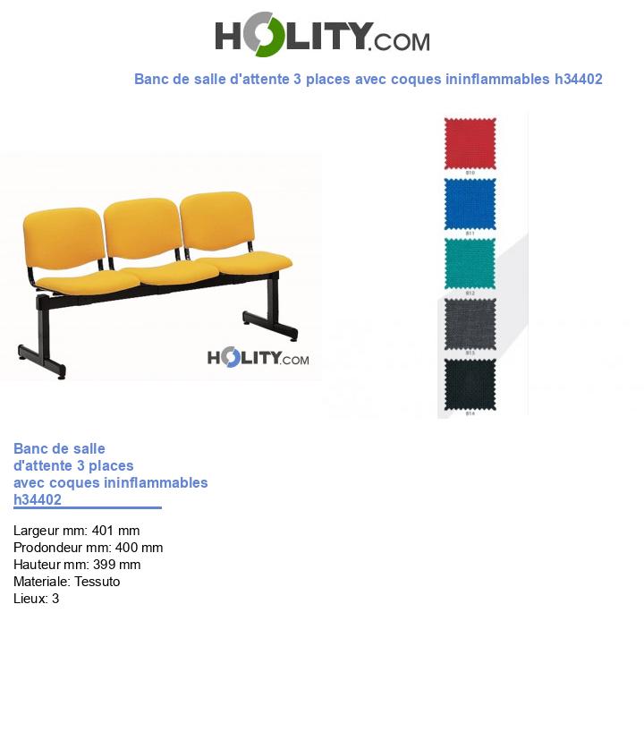 Banc de salle d'attente 3 places avec coques ininflammables h34402
