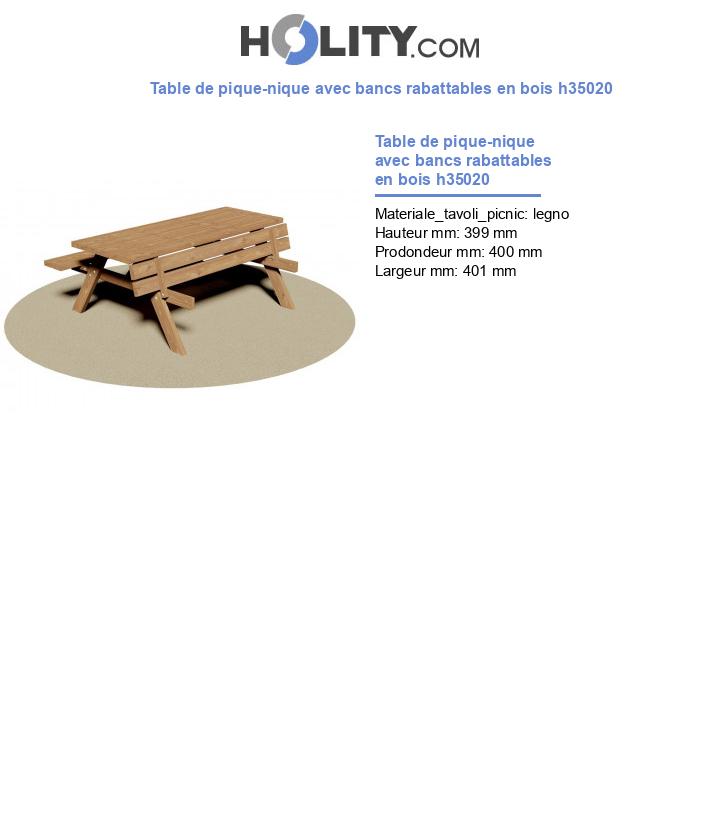 Table de pique-nique avec bancs rabattables en bois h35020
