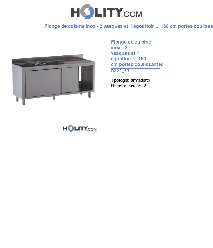 Plonge de cuisine inox - 2 vasques et 1 égouttoir L. 160 cm portes coulissantes h357_71