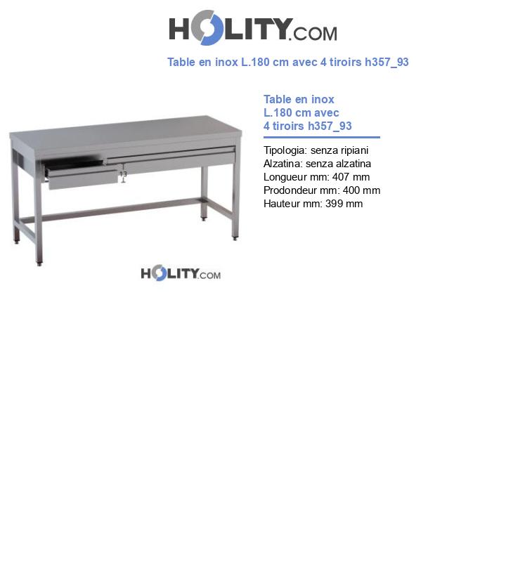 Table en inox L.180 cm avec 4 tiroirs h357_93