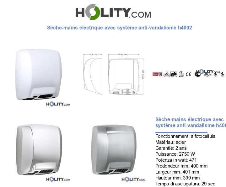 Sèche-mains électrique avec système anti-vandalisme h4002