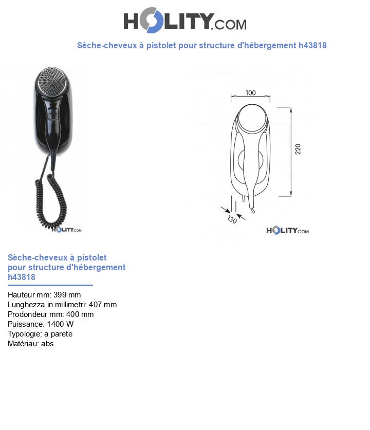 Sèche-cheveux à pistolet pour structure d'hébergement h43818