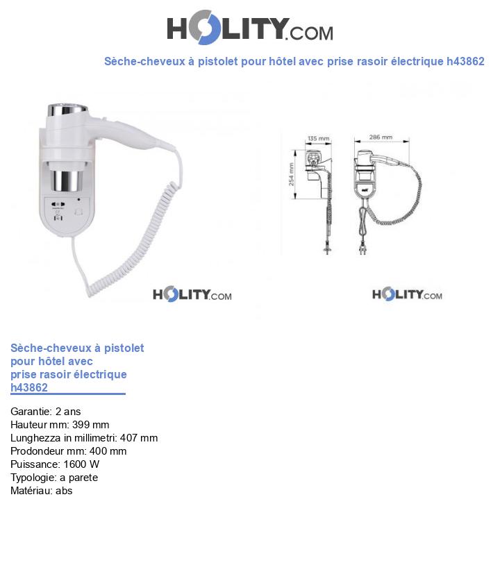 Sèche-cheveux à pistolet pour hôtel avec prise rasoir électrique h43862