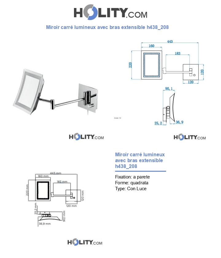 Miroir carré lumineux avec bras extensible h438_208