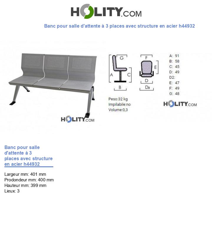 Banc pour salle d'attente à 3 places avec structure en acier h44932