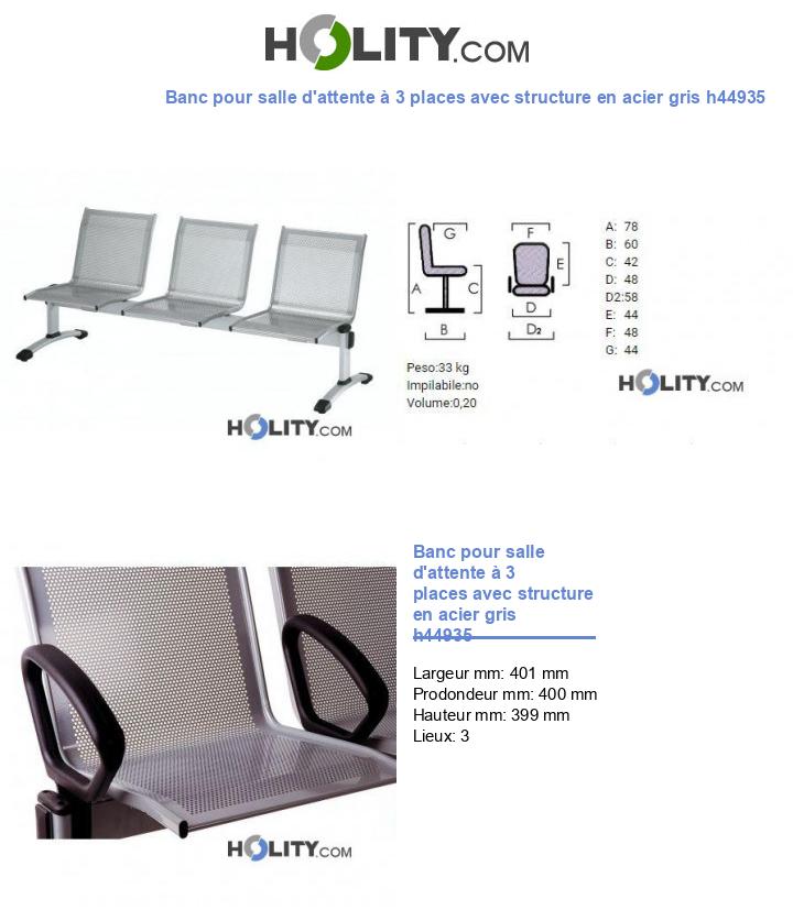 Banc pour salle d'attente à 3 places avec structure en acier gris h44935