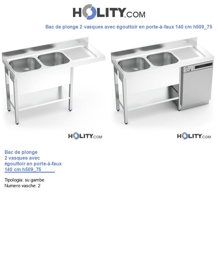 Bac de plonge 2 vasques avec égouttoir en porte-à-faux 140 cm h509_75
