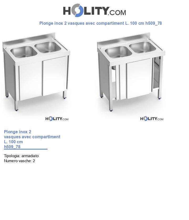 Plonge inox 2 vasques avec compartiment L. 100 cm h509_78