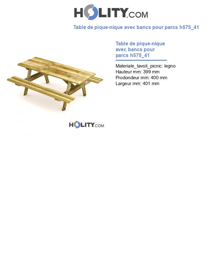 Table de pique-nique avec bancs pour parcs h575_41