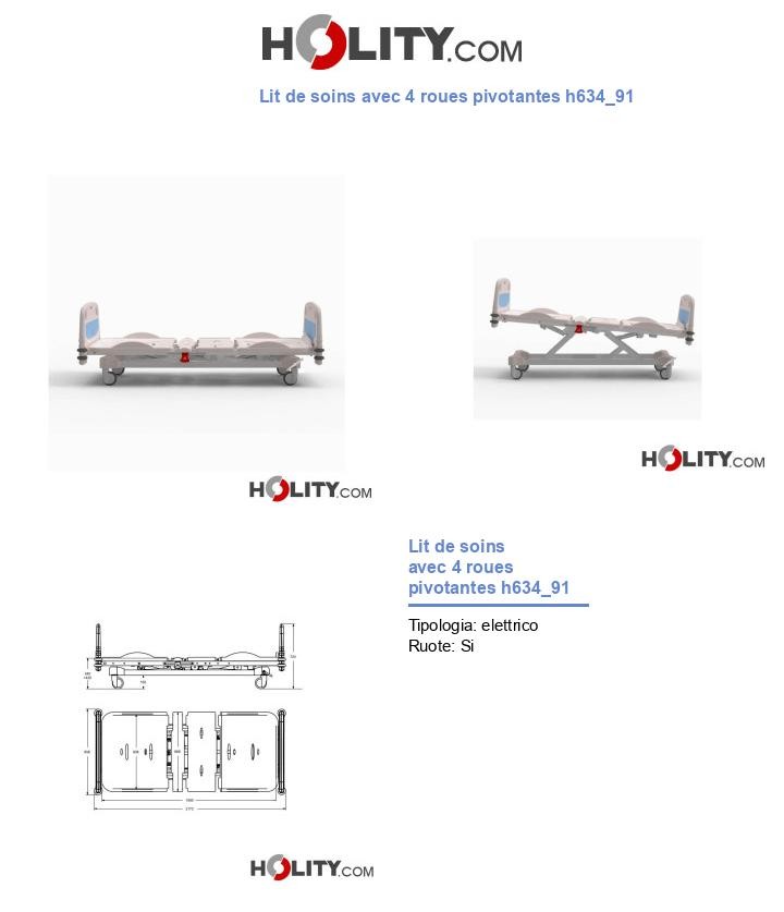 Lit de soins avec 4 roues pivotantes h634_91