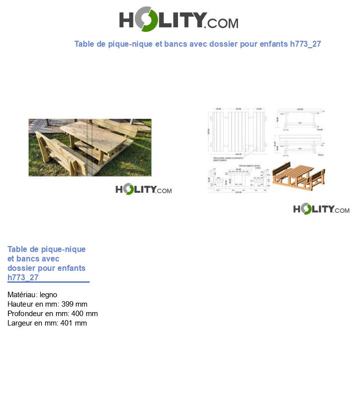 Table de pique-nique et bancs avec dossier pour enfants h773_27