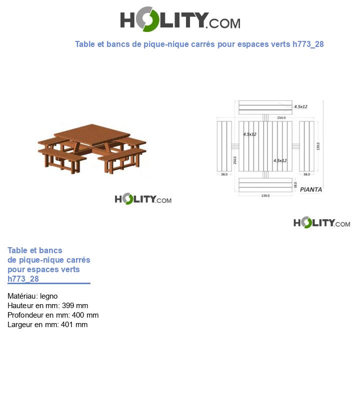 Table et bancs de pique-nique carrés pour espaces verts h773_28