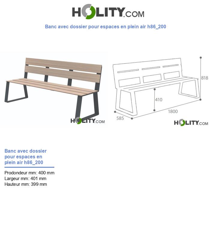 Banc avec dossier pour espaces en plein air h86_200