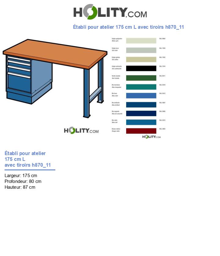 Établi pour atelier 175 cm L avec tiroirs h870_11