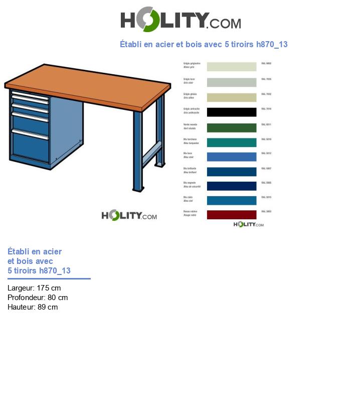 Établi en acier et bois avec 5 tiroirs h870_13