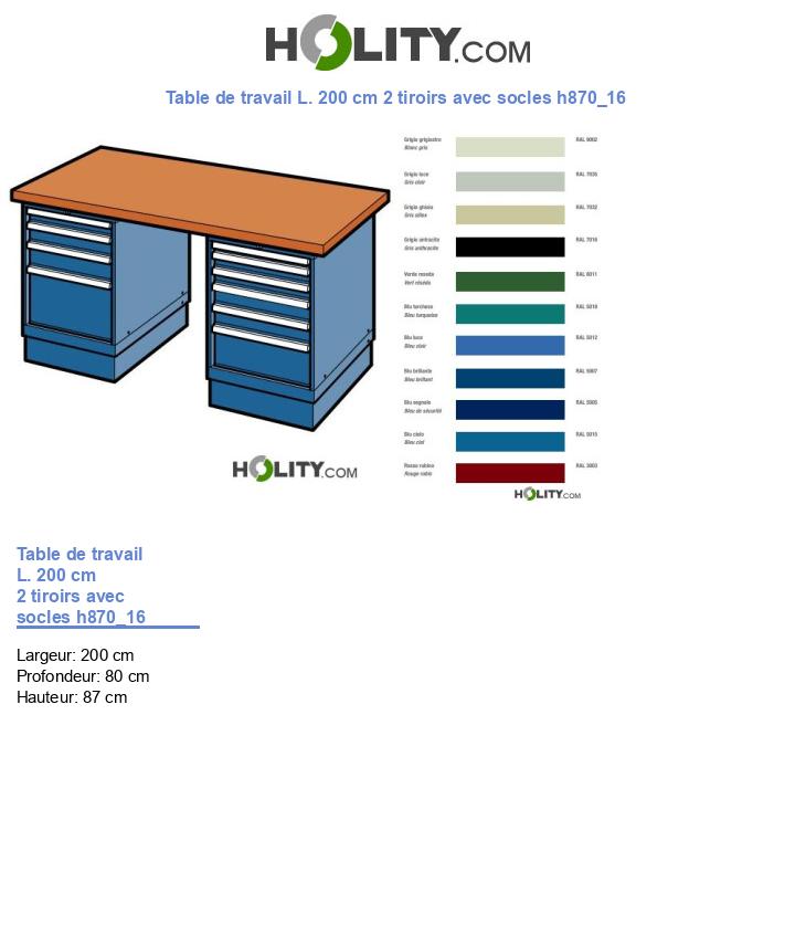 Table de travail L. 200 cm 2 tiroirs avec socles h870_16