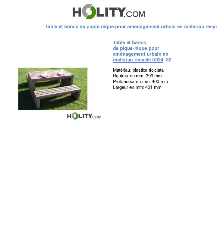 Table et bancs de pique-nique pour aménagement urbain en matériau recyclé h924_32