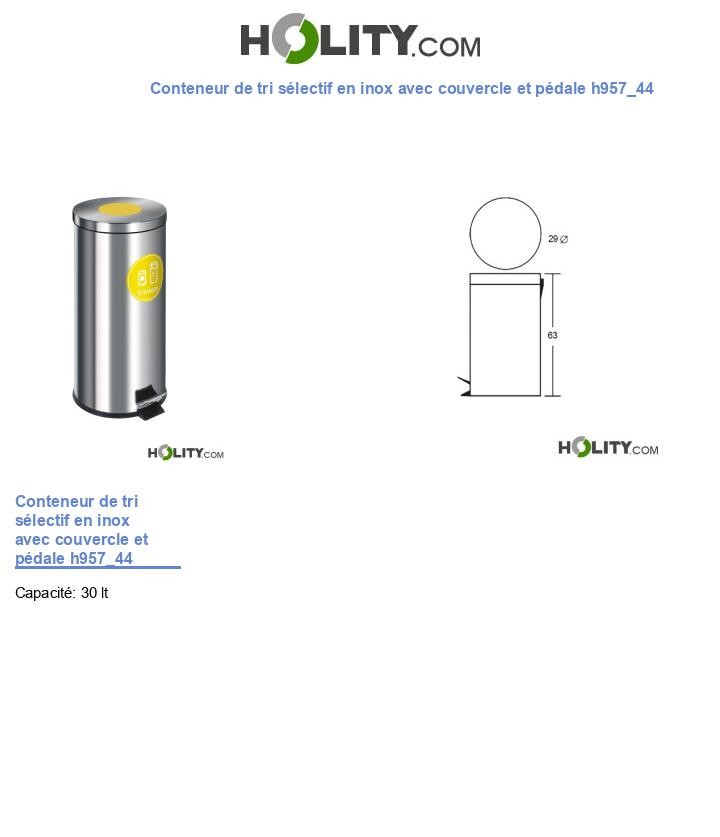 Conteneur de tri sélectif en inox avec couvercle et pédale h957_44