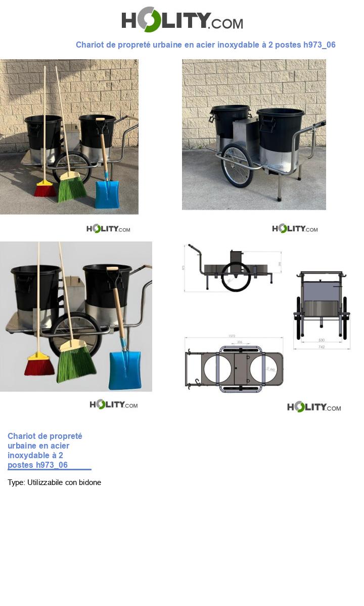 Chariot de propreté urbaine en acier inoxydable à 2 postes h973_06