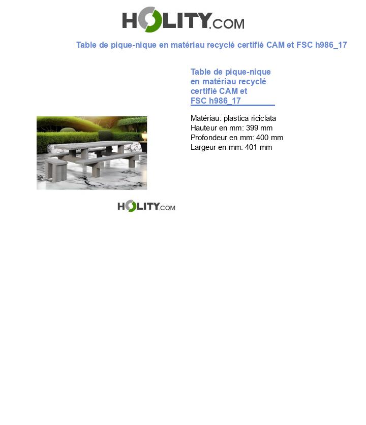Table de pique-nique en matériau recyclé certifié CAM et FSC h986_17